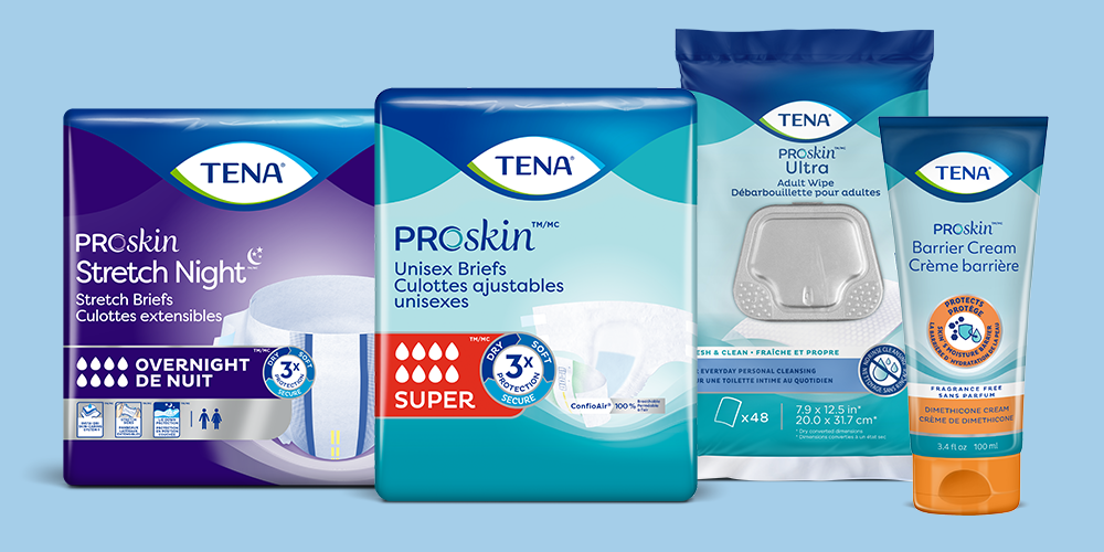 Range of TENA products on a blue background. Range of TENA products on a blue background.